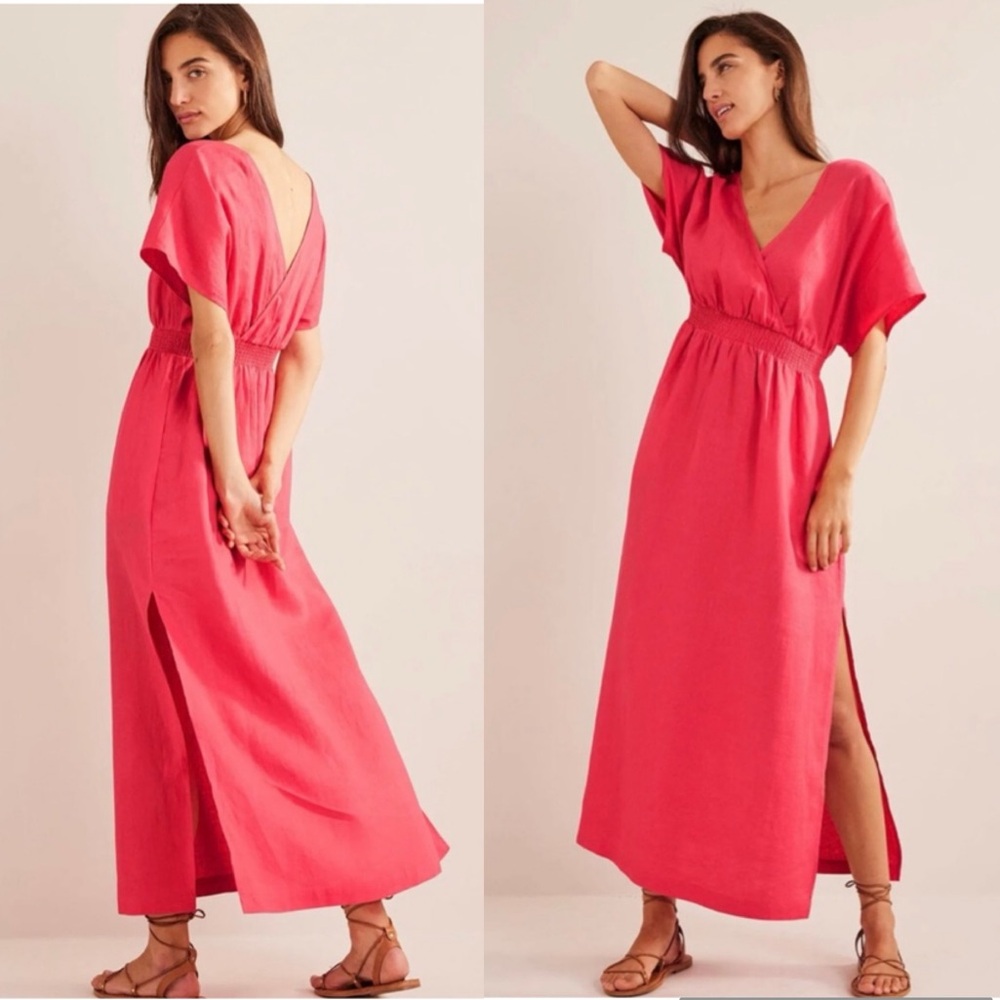 Boden Pink 100% Linen Kaftan Maxi Dress Coral Sunset V-neck Size 14